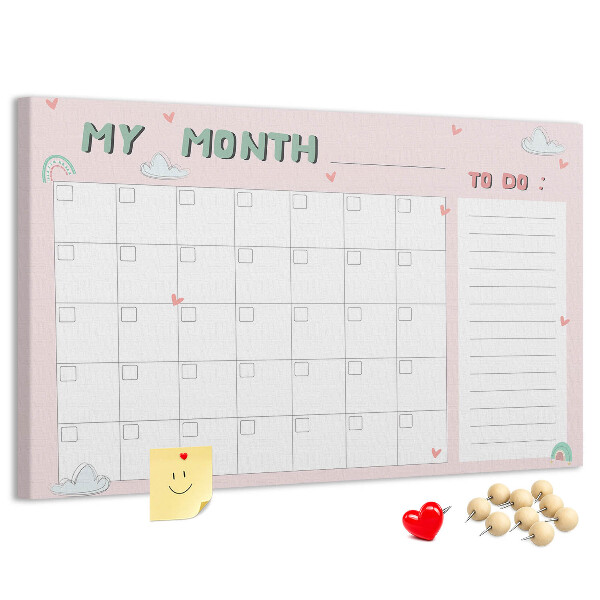 Korktafel rosa Kalender mit Wolken und Herzen