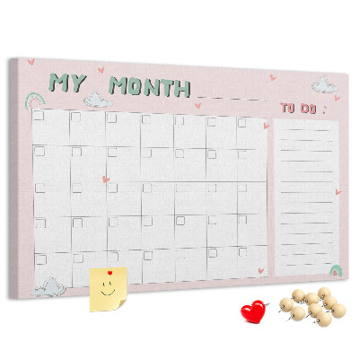 Korktafel rosa Kalender mit Wolken und Herzen