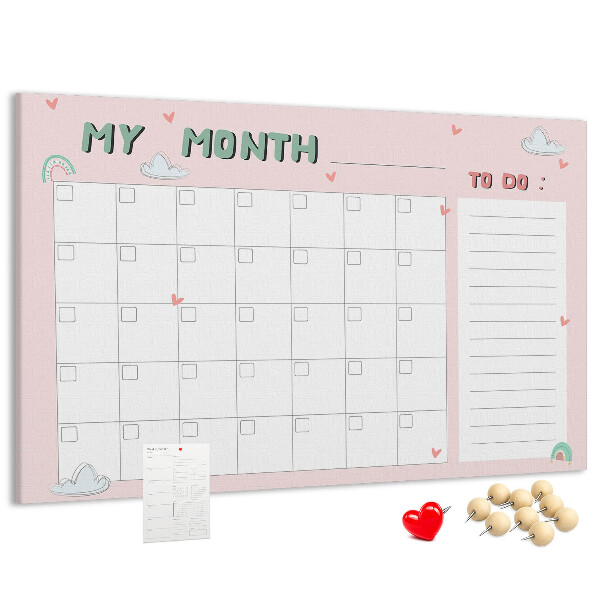 Korktafel rosa Kalender mit Wolken und Herzen