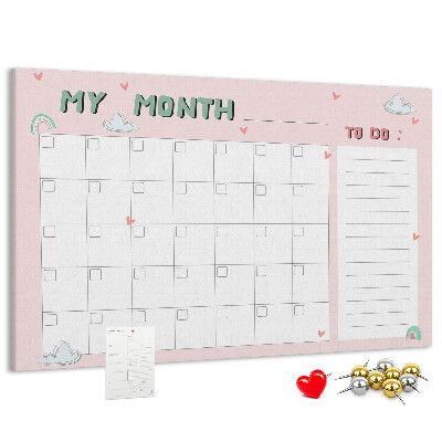 Korktafel rosa Kalender mit Wolken und Herzen