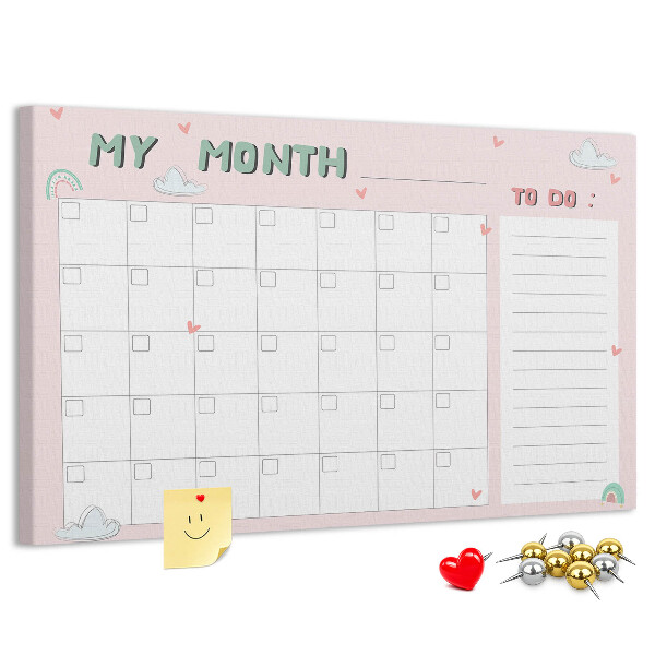 Korktafel rosa Kalender mit Wolken und Herzen