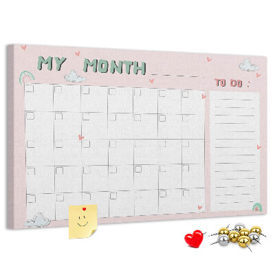 Korktafel rosa Kalender mit Wolken und Herzen
