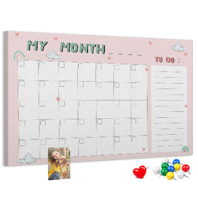 Korktafel rosa Kalender mit Wolken und Herzen