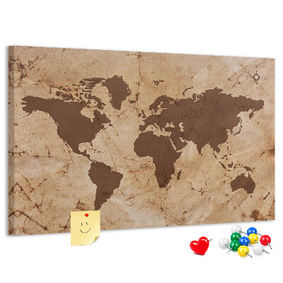 Weltkarte mit Korkrückwand antike Darstellung auf braunem Hintergrund
