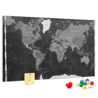 Schwarze Weltkarte mit Länderumrissen mit Korkrückwand