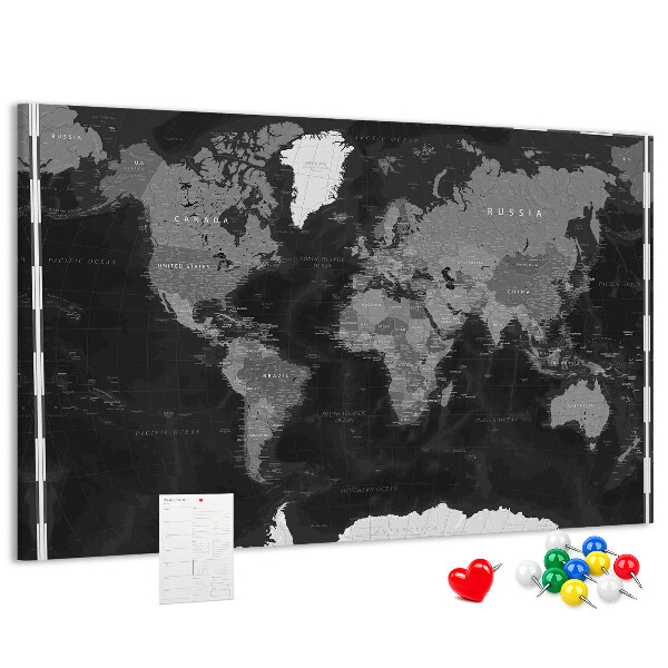 Schwarze Weltkarte mit Länderumrissen mit Korkrückwand