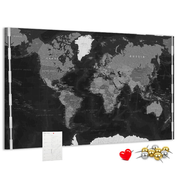 Schwarze Weltkarte mit Länderumrissen mit Korkrückwand