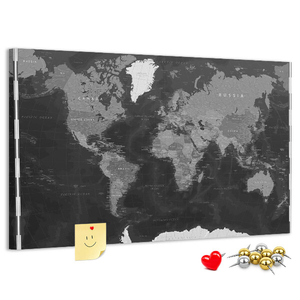 Schwarze Weltkarte mit Länderumrissen mit Korkrückwand