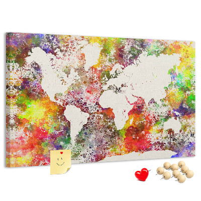 Korktafel mit farbenfroher Weltkarte im Aquarellstil