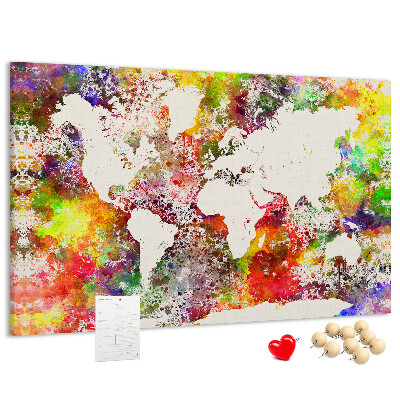 Korktafel mit farbenfroher Weltkarte im Aquarellstil