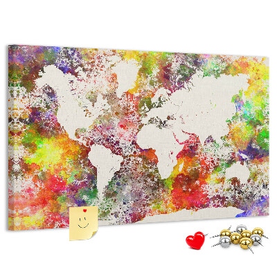 Korktafel mit farbenfroher Weltkarte im Aquarellstil