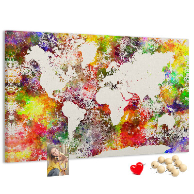 Korktafel mit farbenfroher Weltkarte im Aquarellstil