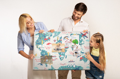 Kork-Pinnwand bunte Weltkarte mit Tiersymbolen