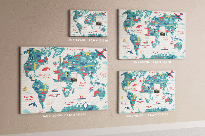 Kork-Pinnwand bunte Weltkarte mit Tiersymbolen