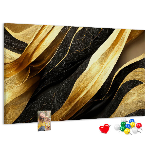 Bild mit Korkrückwand goldene und schwarze Stoffwellen