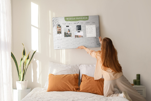Korktafel mit Wochenplaner und Pflanzenmotiv
