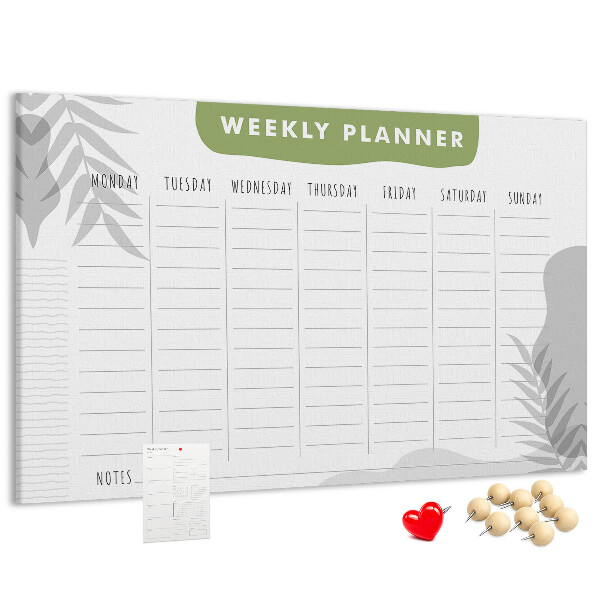 Korktafel mit Wochenplaner und Pflanzenmotiv