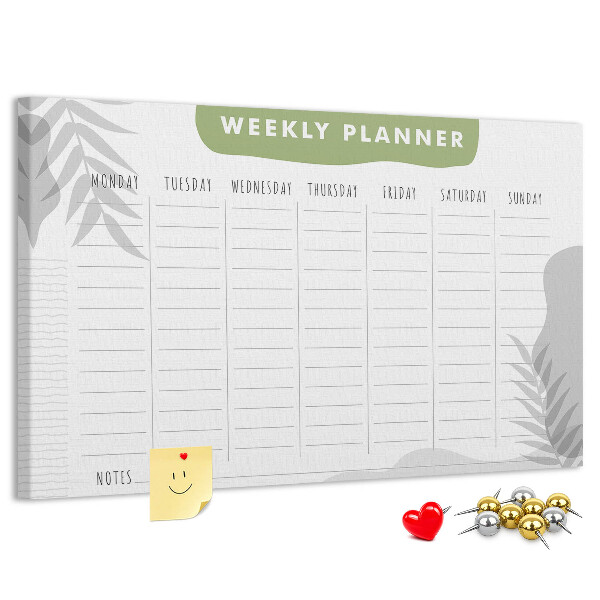 Korktafel mit Wochenplaner und Pflanzenmotiv