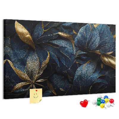 Kork-Pinnwand mit Motiv goldene Blätter auf dunkelblauem Hintergrund
