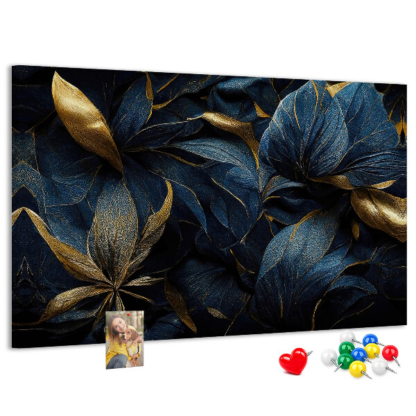 Kork-Pinnwand mit Motiv goldene Blätter auf dunkelblauem Hintergrund