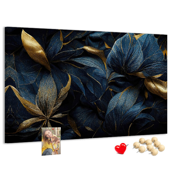 Kork-Pinnwand mit Motiv goldene Blätter auf dunkelblauem Hintergrund