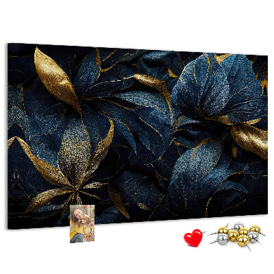 Kork-Pinnwand mit Motiv goldene Blätter auf dunkelblauem Hintergrund