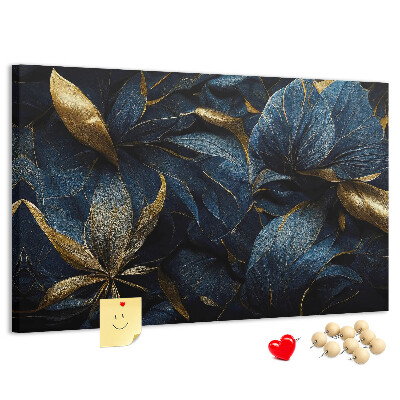 Kork-Pinnwand mit Motiv goldene Blätter auf dunkelblauem Hintergrund