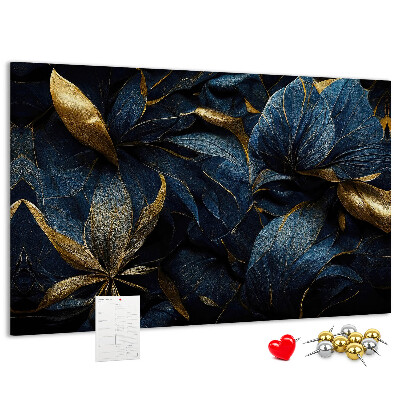 Kork-Pinnwand mit Motiv goldene Blätter auf dunkelblauem Hintergrund