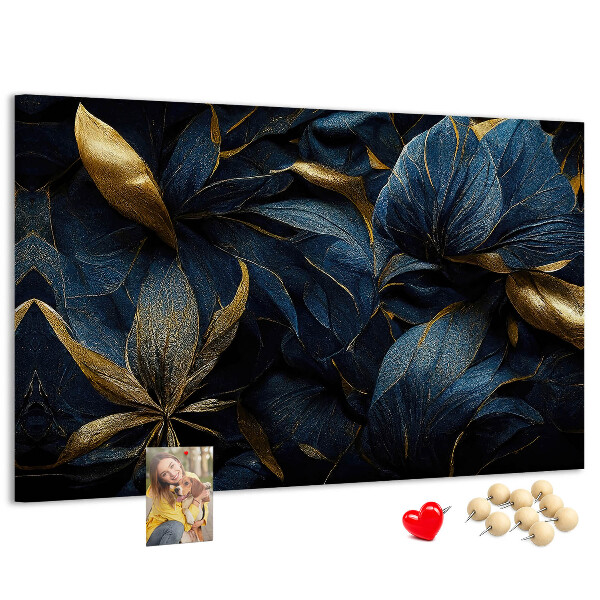 Kork-Pinnwand mit Motiv goldene Blätter auf dunkelblauem Hintergrund