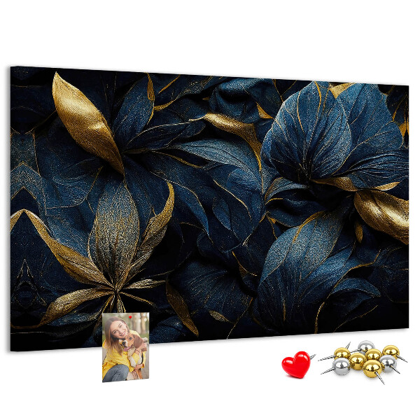 Kork-Pinnwand mit Motiv goldene Blätter auf dunkelblauem Hintergrund