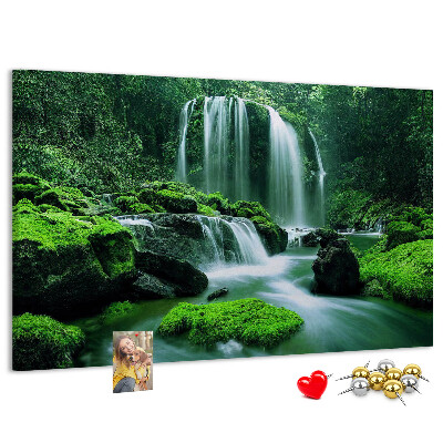 Bild mit Korkrückwand grüner Wasserfall in einem üppigen Dschungel