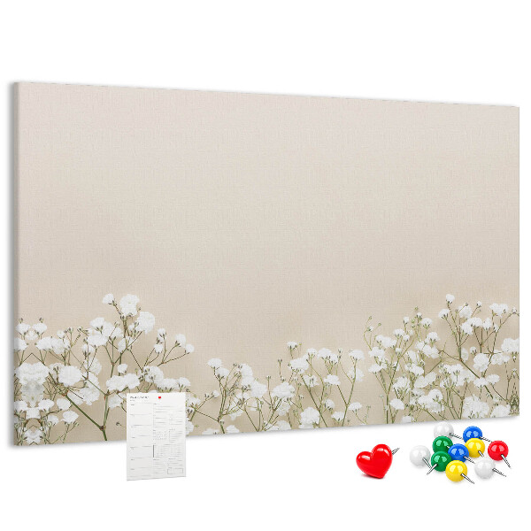 Kork-Pinnwand mit Motiv zarte Blüten auf neutralem Hintergrund