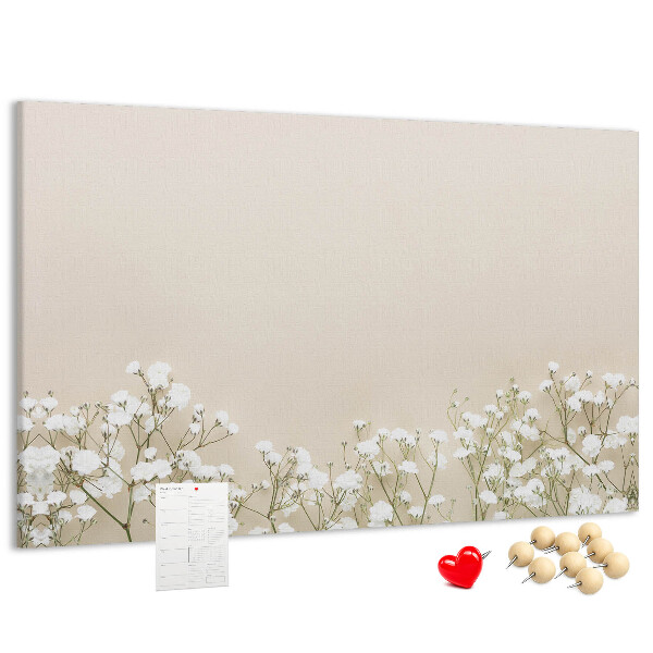 Kork-Pinnwand mit Motiv zarte Blüten auf neutralem Hintergrund