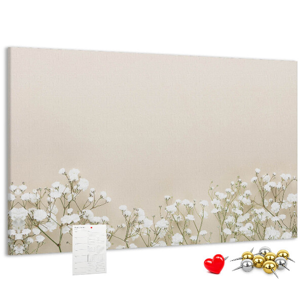 Kork-Pinnwand mit Motiv zarte Blüten auf neutralem Hintergrund