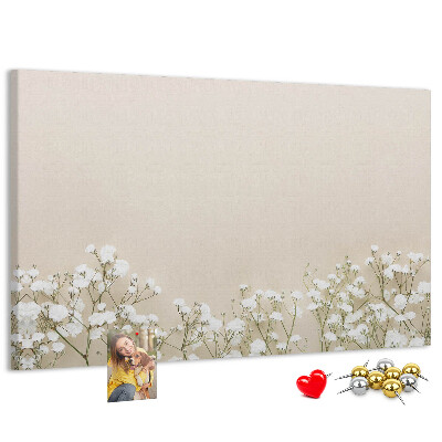 Kork-Pinnwand mit Motiv zarte Blüten auf neutralem Hintergrund