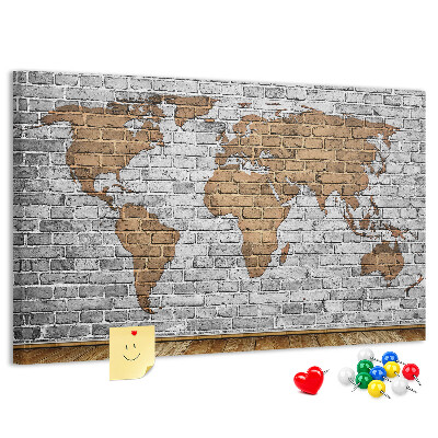 Weltkarte auf Korkrückwand Motiv Backsteinmauer