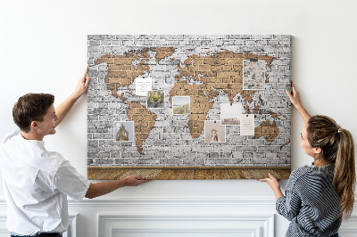 Weltkarte auf Korkrückwand Motiv Backsteinmauer