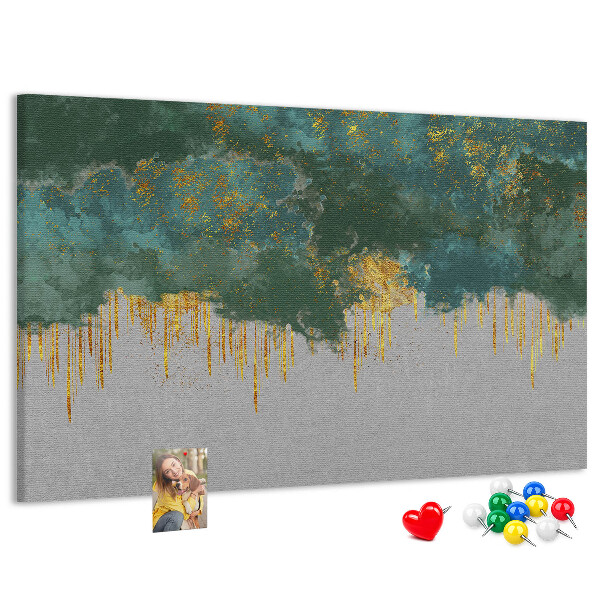 Bild mit Korkrückwand goldene Tropfen vor blauem Wolkenhintergrund