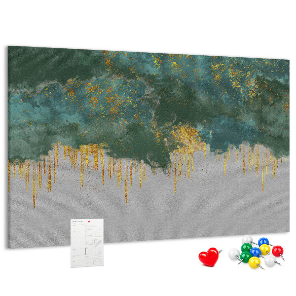 Bild mit Korkrückwand goldene Tropfen vor blauem Wolkenhintergrund