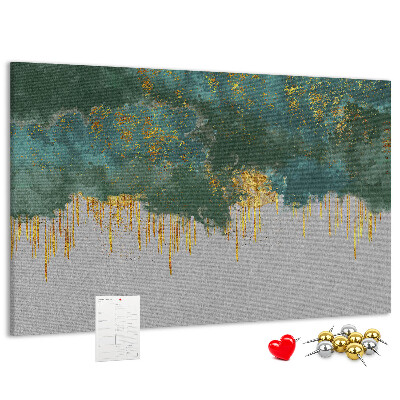 Bild mit Korkrückwand goldene Tropfen vor blauem Wolkenhintergrund