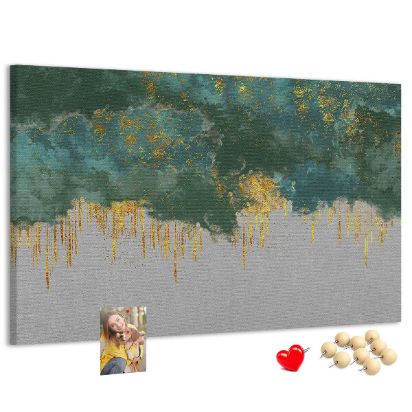 Bild mit Korkrückwand goldene Tropfen vor blauem Wolkenhintergrund