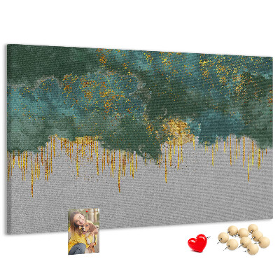 Bild mit Korkrückwand goldene Tropfen vor blauem Wolkenhintergrund