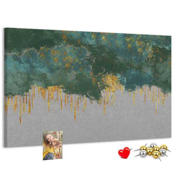 Bild mit Korkrückwand goldene Tropfen vor blauem Wolkenhintergrund
