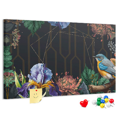 Kork-Pinnwand mit Blumenmuster und buntem Vogel