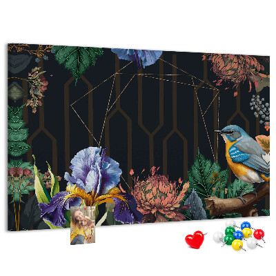 Kork-Pinnwand mit Blumenmuster und buntem Vogel