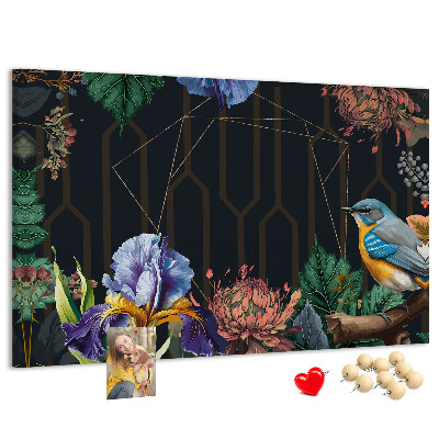 Kork-Pinnwand mit Blumenmuster und buntem Vogel