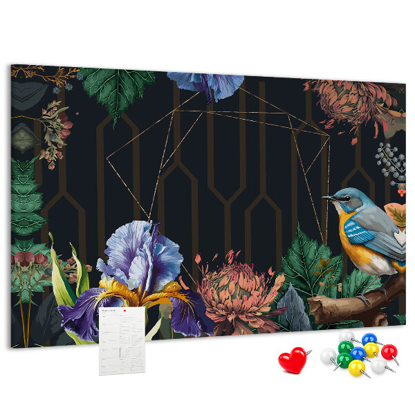 Kork-Pinnwand mit Blumenmuster und buntem Vogel
