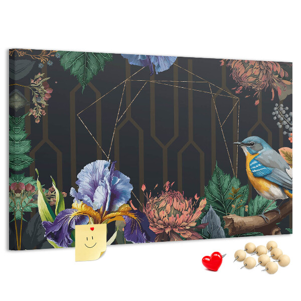 Kork-Pinnwand mit Blumenmuster und buntem Vogel
