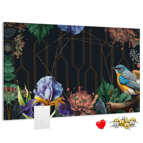 Kork-Pinnwand mit Blumenmuster und buntem Vogel