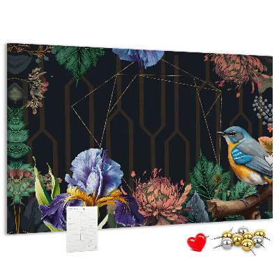 Kork-Pinnwand mit Blumenmuster und buntem Vogel